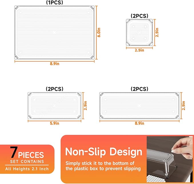 7 Pack Clear Plastic Drawer Organizer Set,4 Sizes Bathroom Drawer Organizers and Storage Bins,Vanity Drawer Organizer for Makeup,Cosmetics,Jewelry,Utensils,Gadgets,Office In Drawer Organizers Trays-NeatNest