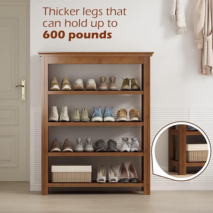 Bamworld Shoe Rack 5 Tier Wooden Storage Benches Wood Free Standing Shoe Shelf for Entryway Hallway (Brown,31.5")-NeatNest