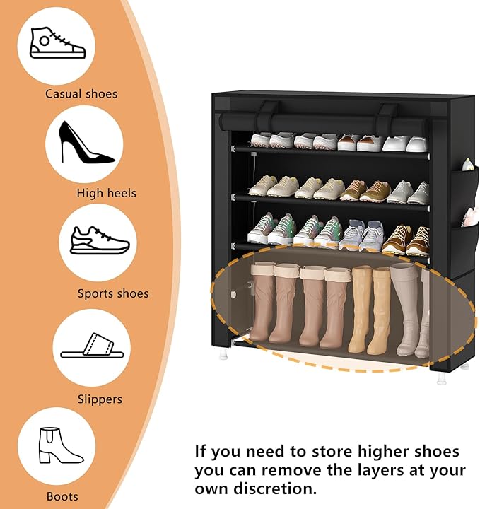 Laiensia 5-Tier Vertical Shoe Rack Organizer, Space Saving Shoe Storage Organizer, Non-Woven Cover Shoe Shelf Holds 20-25 Pairs for Bedroom, Hallway, Closet Entryway, Black-NeatNest