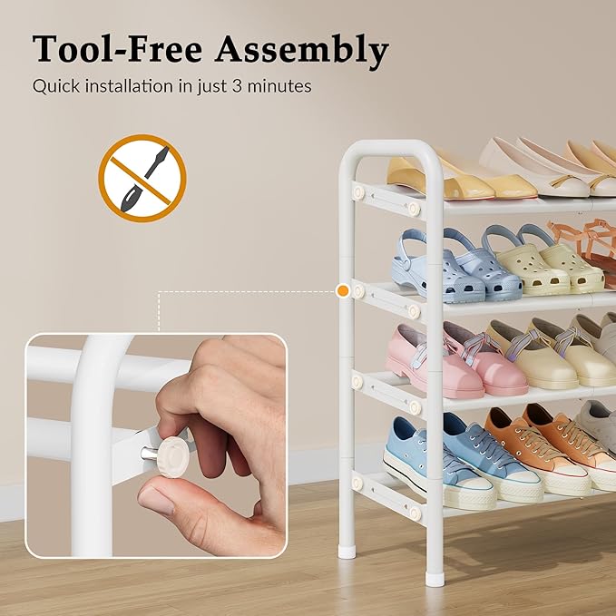 Shoe Rack for Closet,4 Tier Shoe Organizer, 28“ Metal Shelf Can Expandable to 42“, for Bedroom, Entryway, Living Room, Garage, Adjustable to 24 Pairs Shoes, White-NeatNest
