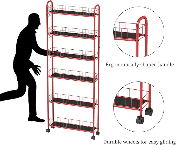 6-Tier Storage Cart Wire Slim Shelving Shelf with Wheels for Small Spaces, Rolling Tall Organizer Storage for Bathroom, Kitchen, Home, Garage, Bedroom, Closet (Red, 6" D)