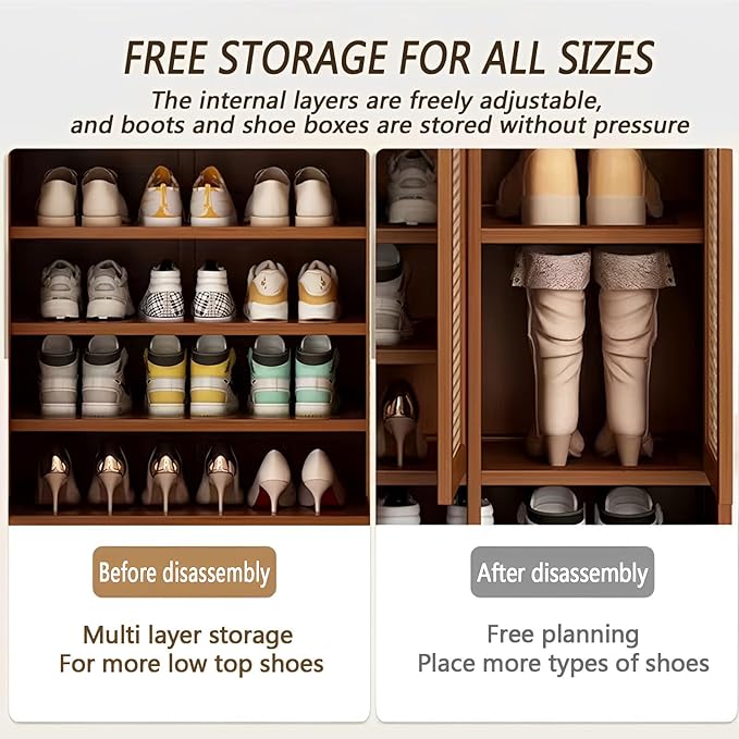 Bamboo Shoe Cabinet, 8-Tier Shoe Storage Cabinet with Doors, Freestanding Bamboo Shoe Rack Organizer with Shelves for Entryway, Hallway, Closet, Living Room (Brown-5)