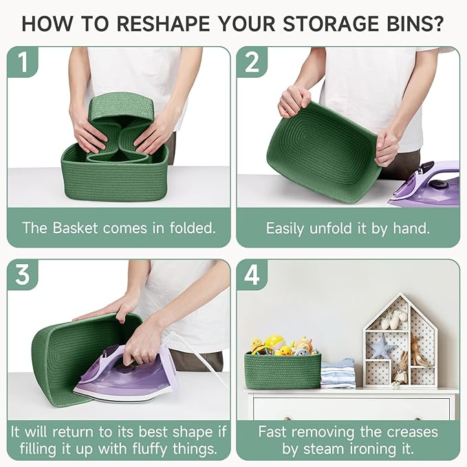 3-Pack Shelf Baskets for Organizing, Closet Organizer Bins, Small Woven Baskets, Rope Toy Basket, Storage Basket for Shelves, Cube Decorative Box, 11.5×7.5×4.7”, Green-NeatNest