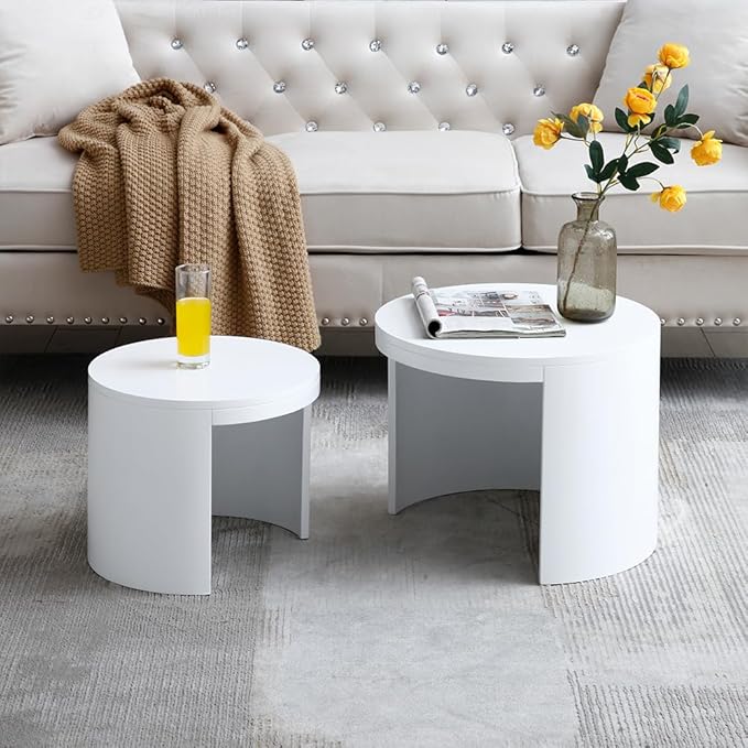 Nesting Coffee Table Set of 2, Small Coffee Table Round End Table Circle Side Table Wood Accent Tables for Small Spaces Living Room Bedroom Balcony Office, White