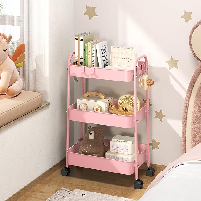 TOOLF Metal Utility Cart，3 Tier Rolling Cart wth 4 Hooks Storage Cart on Wheels Craft Cart with Handle for Organizer Storage for Classroom Office Dorm Home Pink