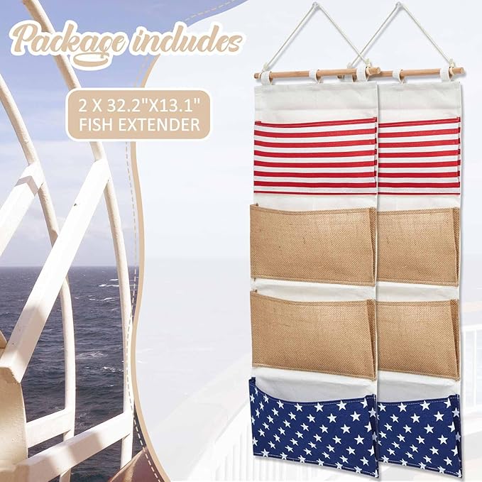 Juexica Fish Extender 32.3 x 13.2 Inch Hanging Pockets 4 Pocket Innovation Storage Bag Hanging Organizer Linen Cotton Wall Storage Bag for Cruise Cabin Door Closet Gifts(2 Pcs)-NeatNest