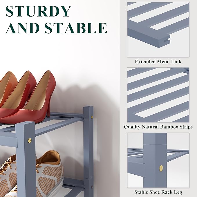 Smiry Bamboo Shoe Rack for Closet, 6 Tier Wooden Stackable Shoe Organizer, Free Standing Shoes Storage Shelf for Entryway, Front Door Entrance, Grey-NeatNest