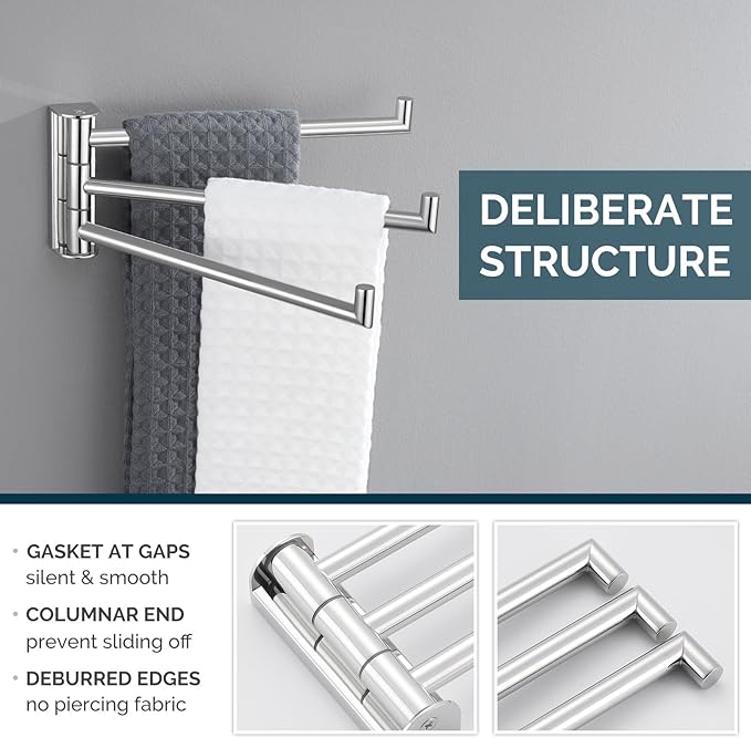Angle Simple Swivel Hand Towel Rack 3 Bars Polished Chrome, 304 Stainless Steel Bathroom Towel Holder Wall Mount