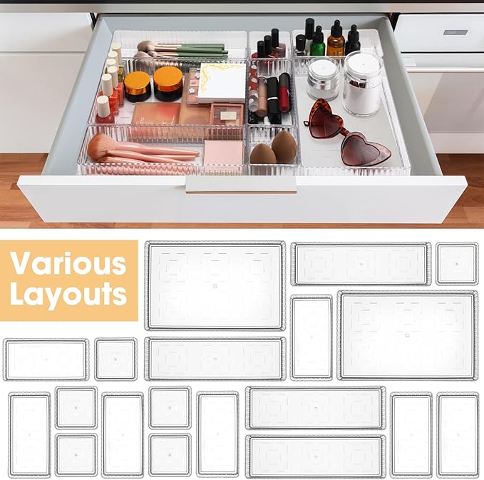18 Pcs Clear Drawer Organizer Stackable 4 Size Clear Makeup Drawer Organizer Trays Acrylic Bathroom Vanity Storage Bins for Cosmetic, Jewelries, Office Supply, Kitchen Utensils(Stripes)
