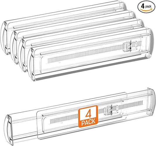4 Pack Drawer Dividers for Clothes, 2.3" High 13"-21" Adjustable Drawer Dividers Expandable Dresser Drawer Organizer, Clear Drawer Separators for Clothes, Underwear, Cosmetic, Kitchen Utensils Storage-NeatNest