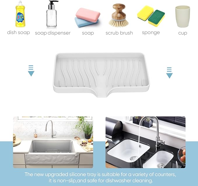 Kitchen Sink Tray,Self Draining Kitchen Soap Tray Soap Holder Silicone Sponge Holder for Kitchen Sink,Kitchen Bathroom Sink Caddy Sink Organizer for Sponge,Soap Dispenser,Dish Scrubber,Palm Brush-NeatNest