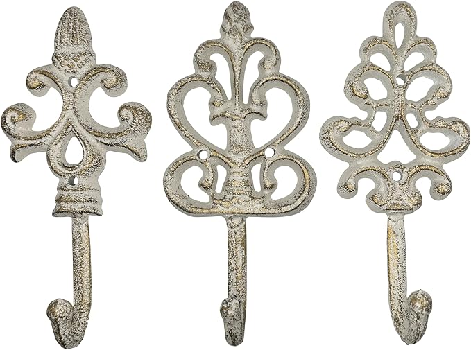 3 Pack Fleur De Lis Hooks – Vintage Cast Iron Wall Mount for Coats, Bags and Towels – Rustic French Country Decor, Heavy Duty & Easy to Install – 8”