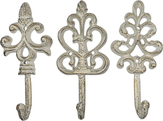 3 Pack Fleur De Lis Hooks – Vintage Cast Iron Wall Mount for Coats, Bags and Towels – Rustic French Country Decor, Heavy Duty & Easy to Install – 8”