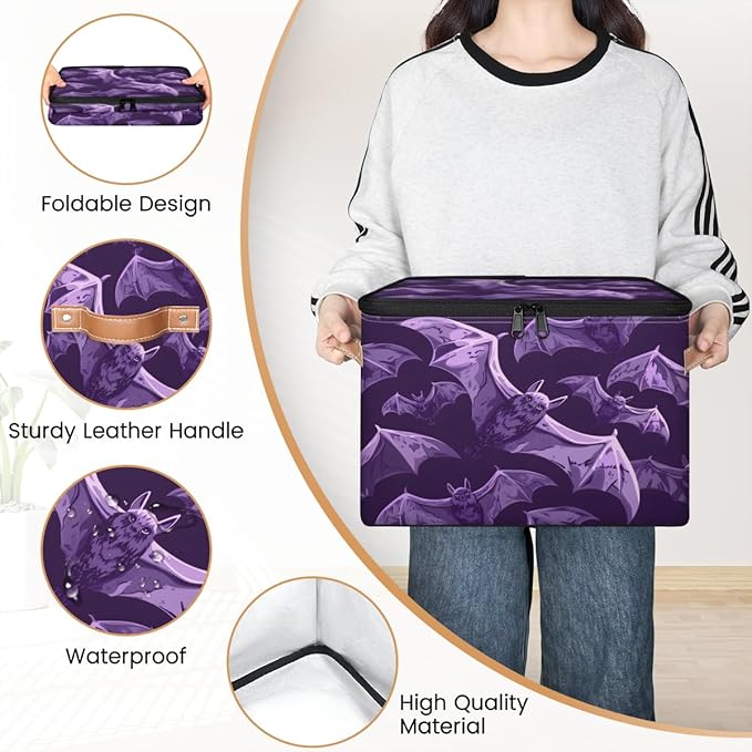 Halloween Bat Storage Bins with Lids, Purple Bats Fabric Storage Boxes with Zipper, Collapsible Decorative Closet Organizer Cube for Clothes,Organizing, Shelves-NeatNest