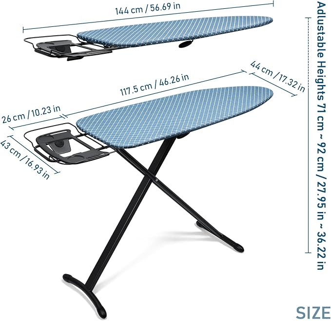 Duwee 17"x46" Ironing Board Full Size,Deluxe Ironing Board with Steam Iron Rest,Heat Resistant Cover and Thicken Felt Pad, Adjustable Height,Heavy Sturdy Legs