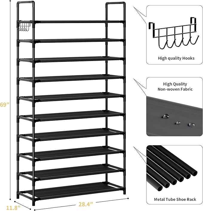 Shoe Rack, 10 Tier Shoe Storage Organizer with Hooks,Fit 40-45 Pairs Shoes,Metal Tall Shoe Shelf for Closet,Entryway, Hallway,Garage,Bedroom,Cloakroom-NeatNest