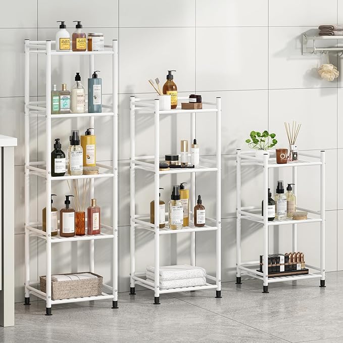 4 Tier Bathroom Storage Open Shelf Unit, Free-Standing Metal Corner Rack Shelving for Kitchen, Living Room, Hallway (White, 4 Tier)