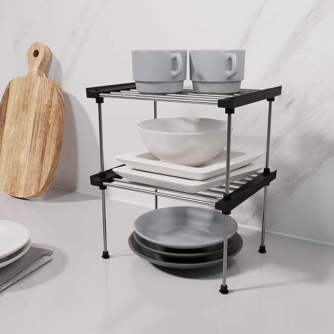 carrotez Cabinet Organizer Shelf, Set of 2 Stackable Kitchen Counter Shelves, Kitchen Cabinet Organizers and Storage, Pantry Storage Shelf Organizer, 9.8 x 7.8 x 6.1 - Black-NeatNest