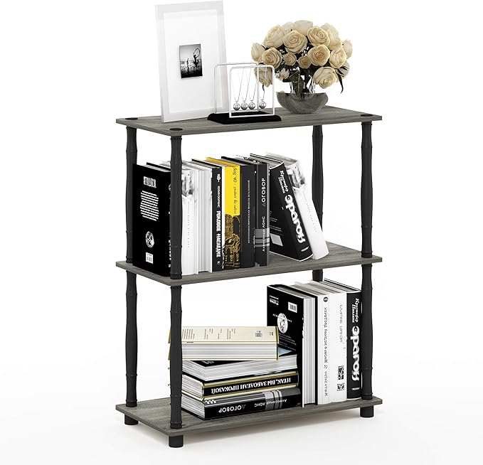 Furinno 18029GYW/BK Turn-N-Tube 3-Tier Compact Multipurpose Shelf Display Rack, Classic, French Oak Grey/Black, 3-Tier Classic Tubes-NeatNest