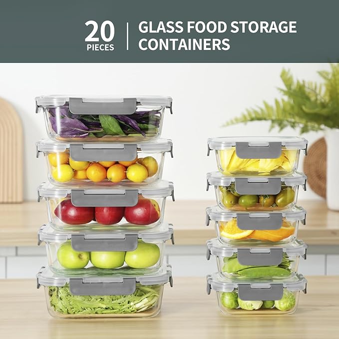 Glass Food Storage Containers with Lids,20 Pieces Glass Storage Container sets,Meal Prep Container,Airtight Glass Lunch Containers,Leakproof,BPA Free(10 lids & 10 Containers)-NeatNest