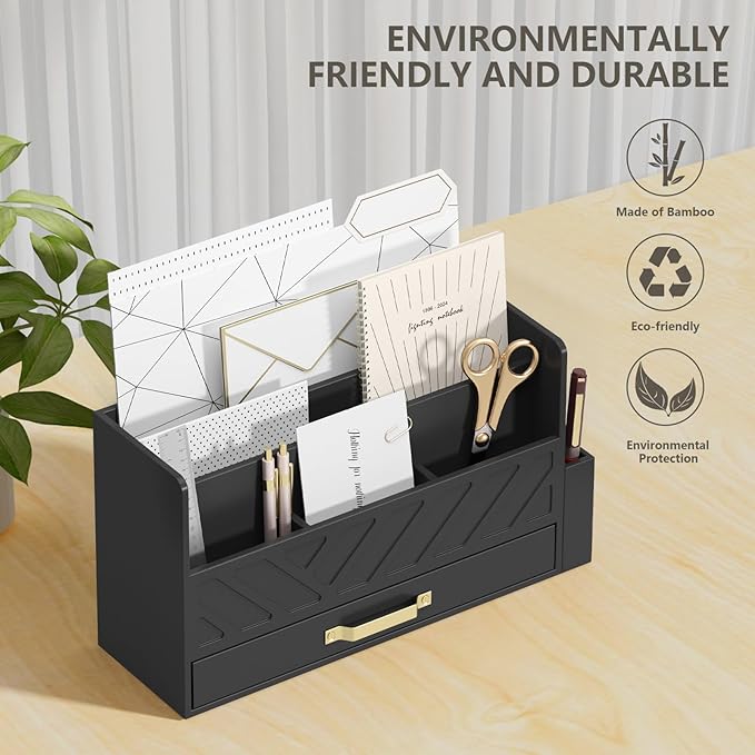 Bamboo Desk Organizer Mail Holder Countertop Wood Desk Drawer Tabletop Storage Box Pen Holder Letter Sorter Makeup Organizer for School Home Office Supplies with Pen Holder Black-NeatNest