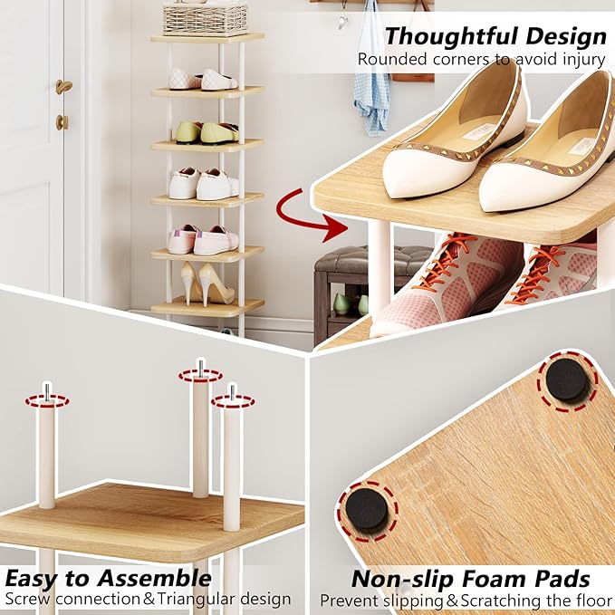 AZERPIAN Shoe Rack 7 Tier Vertical Storage Organizer Narrow Metal Slim Shelf Modern Free Standing Shoe Tower Saving Space for Closet Entryway Bedroom,White-NeatNest