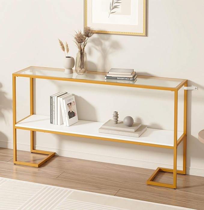 Console Sofa Table, 52" Modern Entryway Table, 2-Tier Open Shelf with Tempered Glass, Metal Frame Behind Couch Table with Gold Metal Frame for Living Room Hallway Entrance, White-NeatNest