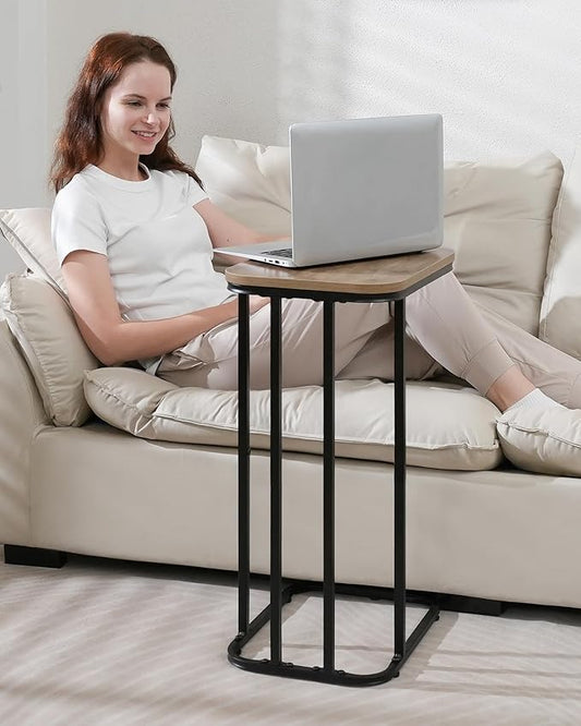 C Shaped End Table Set of 2, Small Side Table for Sofa and Bed, Couch Tables That Slide Under, Tall Tv Tray Table for Living Room, Bedroom, Greige + Black-NeatNest