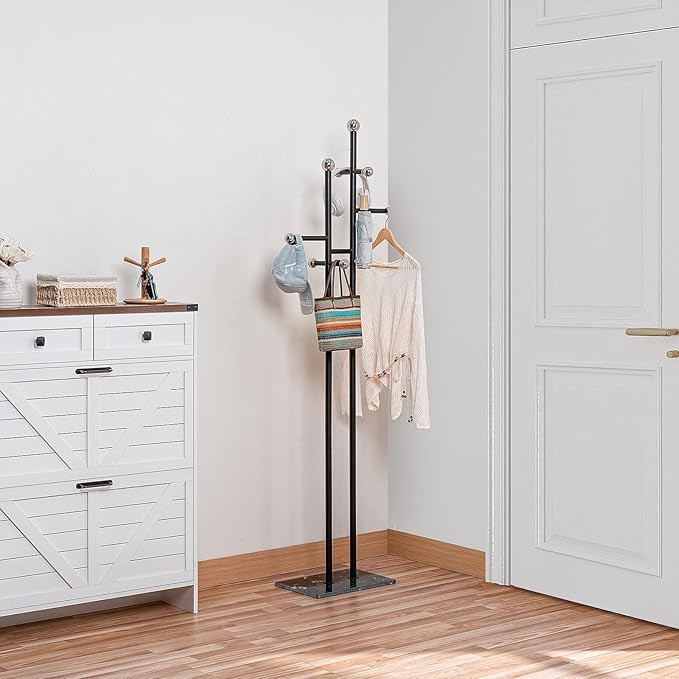 Coat Rack Freestanding with Square Marble Base Heavy Duty Metal Clothes Rack Hanging Stand for Entryway Bedroom Living Room Hotel 14.96 x 10.24 x 68.9 Inches (Black)-NeatNest