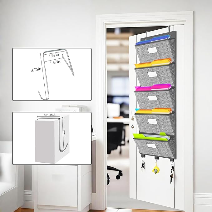 homyfort Over the Door File Organizer, Hanging File Folders, Wall Organizers and Storage for Mail, Magazine, Notebooks, Planners, Office, Classroom, 5 Extra Large Pockets, 50.39” Tall (Grey)-NeatNest