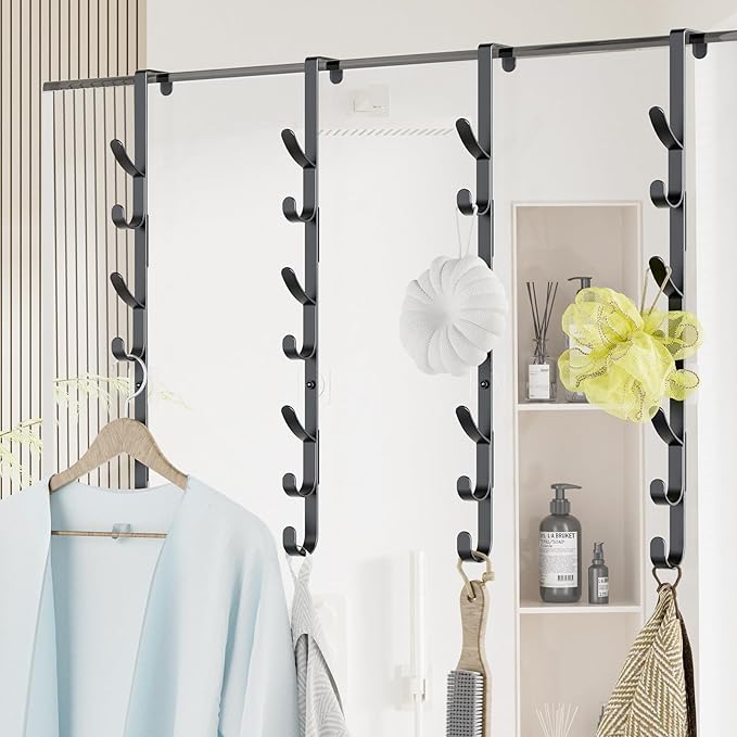 Over The Door Hooks, Metal Door Hooks for Hanging,Door Purse Organizer for Door Coat Hanger, Back of Shower for Hanging Towel Rack Clothes, Hat, Bathroom Bathroom Dorm Bedroom Closet (Black-4Packs)