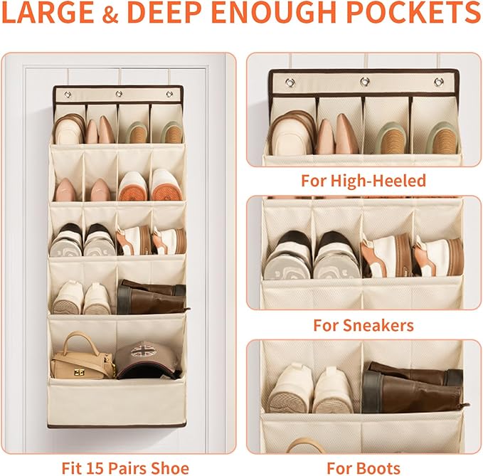 FENTEC 1 Pack Over the Door Shoe Organizers, Hanging Shoe Organizer with Large Deep Pocket Shoe Holder for Closet Shoe Rack for Wall, Over Door Shoe Storage Hold up to 18 Pairs Shoe, Beige-NeatNest