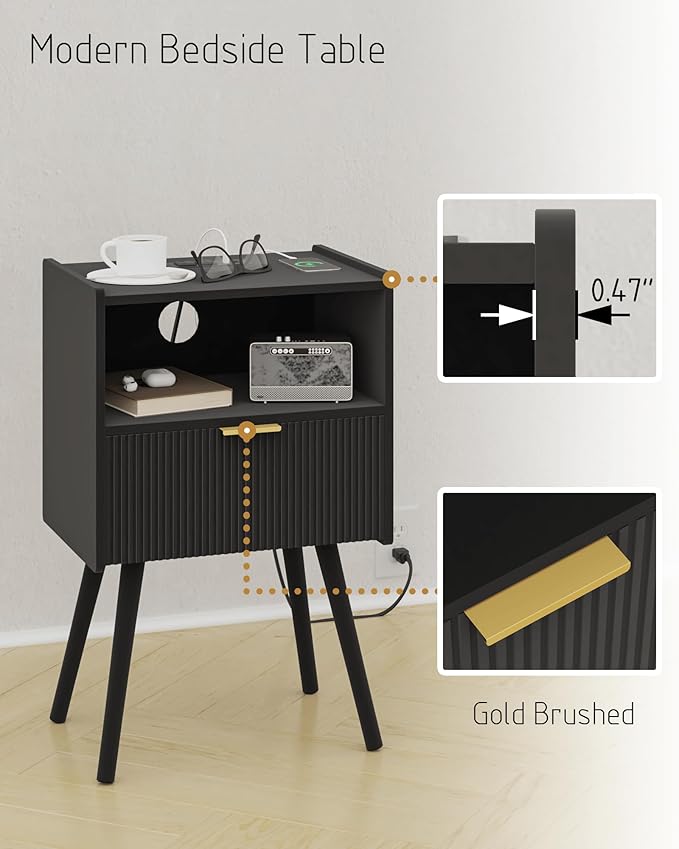 Black Nightstand with Outlet,Modern Bedside Table with Storage Drawer and Open Wood Shelf, for Living Room, Bedroom and Small Spaces, Accent Night Stand with Solid Wood Legs, Easy Assembly-NeatNest