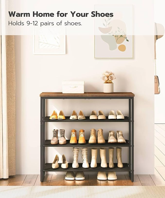 HOOBRO Shoe Rack, 4 Tier Shoe Storage Organizer with 3 Oxford Fabric Shelves and Top Panel, Holds 12-16 Pairs of Shoes for Entryway and Closet, Industrial, Rustic Brown BF47XJ01G1-NeatNest