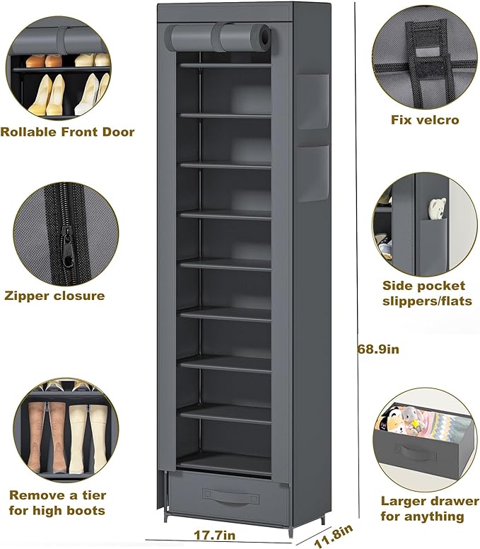 Shoes Rack 10 Tier Tall Narrow Shoe Rack with Bin Covered Shoe Shelf Storage Organizer Closet Stackable Shoe Stand-NeatNest