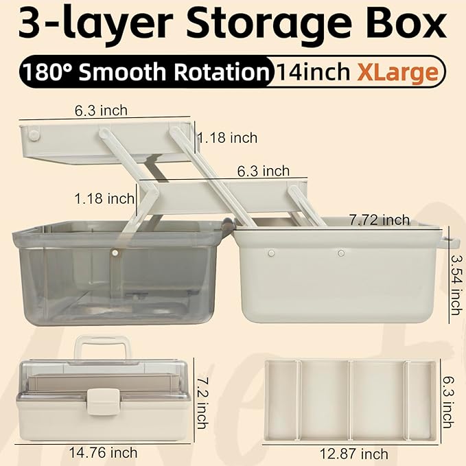 14in 3-Layer Multipurpose Craft Organizers and Storage with Adjustable Dividers, Portable Tackle Box, Folding Art & Craft Case for Medicine, Tool, Sewing Organizer (Brown, X-Large)