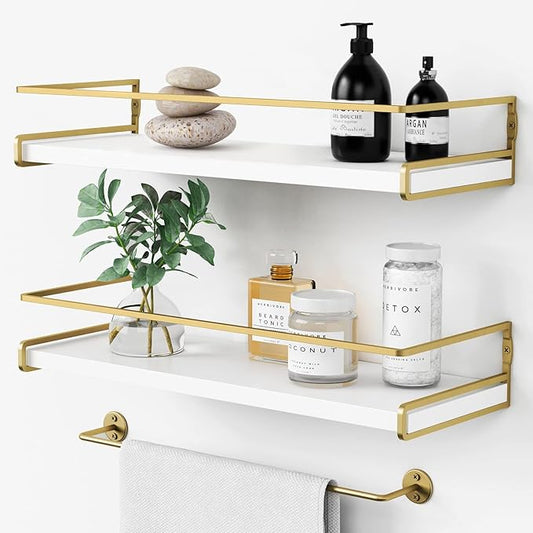 Forbena Floating Bathroom Shelves Wall Mounted, Aesthetic White and Gold Shelves for Bathroom Accessories, Modern Bathroom Organizer with Tower Bar for Wall Decor Storage Small Spaces, Set of 2-NeatNest