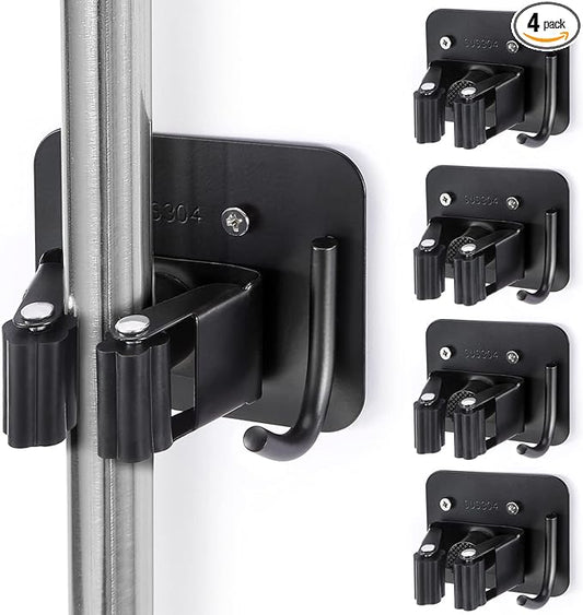 Stainless Steel Broom Holder, Heavy Duty, Rust Resistant, 4 Gripper Positions with 4 Hooks, Black-NeatNest