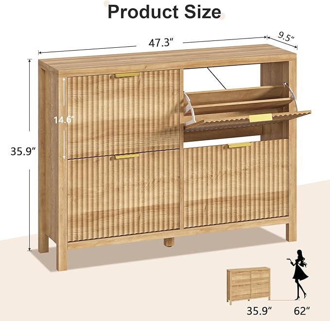 Shoe Cabinet Storage for Entryway, Fluted Shoe Cabinet with 4 Flip Drawers, Hidden Shoe Rack Freestanding Wooden Shoe Organizer with Legs for Hallway, Oak-NeatNest