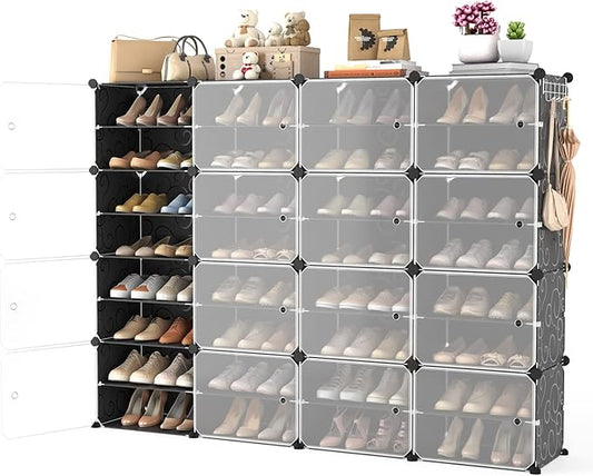 Portable Shoe Rack with Door, 64 Pairs Cabinet Easy Assembly, Plastic Adjustable Shoe Storage Organizer Stackable Detachable Free Standing DIY Expandable 8 Tier Black-NeatNest
