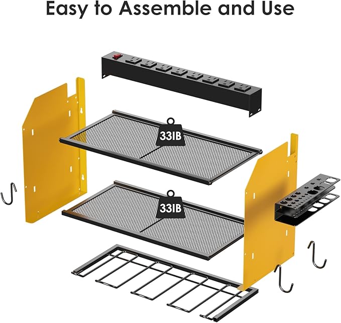 CCCEI Set Power Tool Organizer Wall Mount with Charging Station. Garage 4 Drill Storage Shelf with Hooks, Heavy Duty Metal Tool Battery Charger Organizer. Shop Utility Rack with Power Strip Yellow.-NeatNest