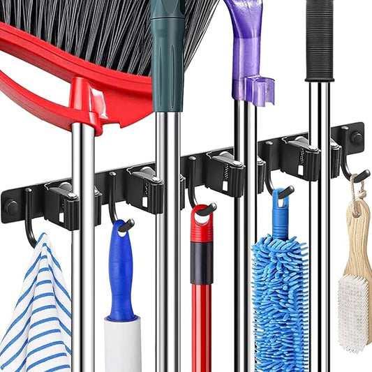 Piyl Broom Mop Holder Wall Mount Broom Hanger Wall Mounted Metal Organization Garage Storage Garden Kitchen Tool Organizer With 4 Racks and 5 Hooks (Black, 1 Pack 4R5H)-NeatNest