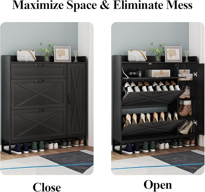 Free Standing Shoe Organizer with 2 Flip Drawers and Side Cabinet, Entryway Narrow Shoe Storage with Door for Hallway and Living Room (Black Plus)-NeatNest