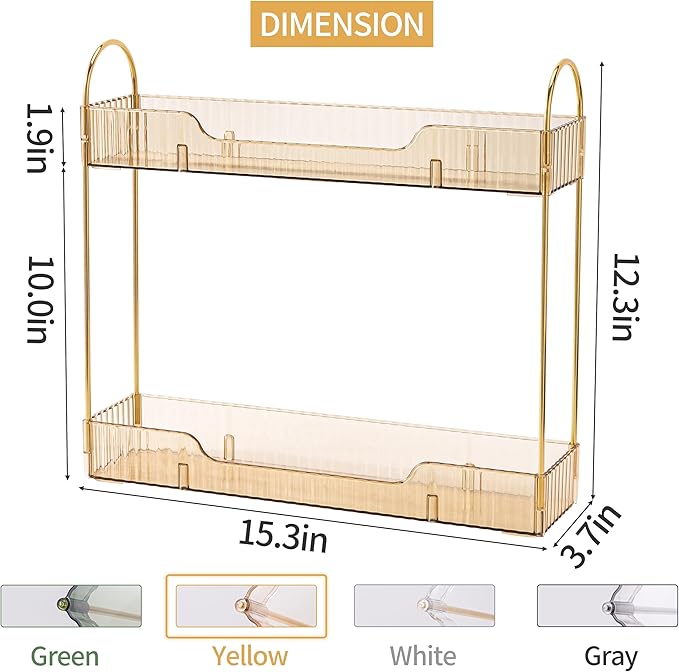 YCIA&DONE 2 Tiers Narrow Vanity Makeup Organizer, Bathroom Organizers Countertop Slim, Perfume Holder Skincare Storage Cosmetic Shelf Spice Rack, for Small Desktop Counter Space, Amber Gold-NeatNest