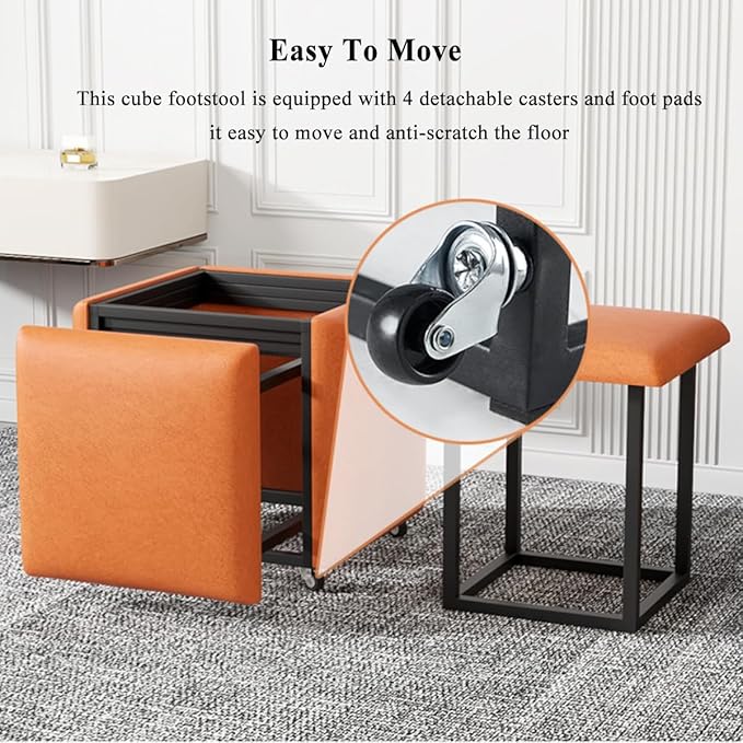 Small Square Pouf Foot Stool Ottoman 5 in 1 Nesting Poufs Cube Chair Stackable Sofa Chair Foot Rest Cube Seating Poufs Upholstered Metal Frame Foot Rest Bench for Couch, Dining Room, Bedroom