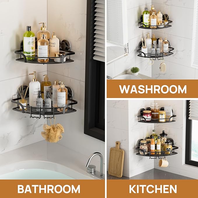 LEVERLOC 2 Pack Strong Suction Cup Corner Shower Caddy, Large Capacity Removable Bathroom Organizer, Stainless Steel Rustproof Shower Shelves with Hook, Drill-Free Wall Mounted Suction Basket, Black