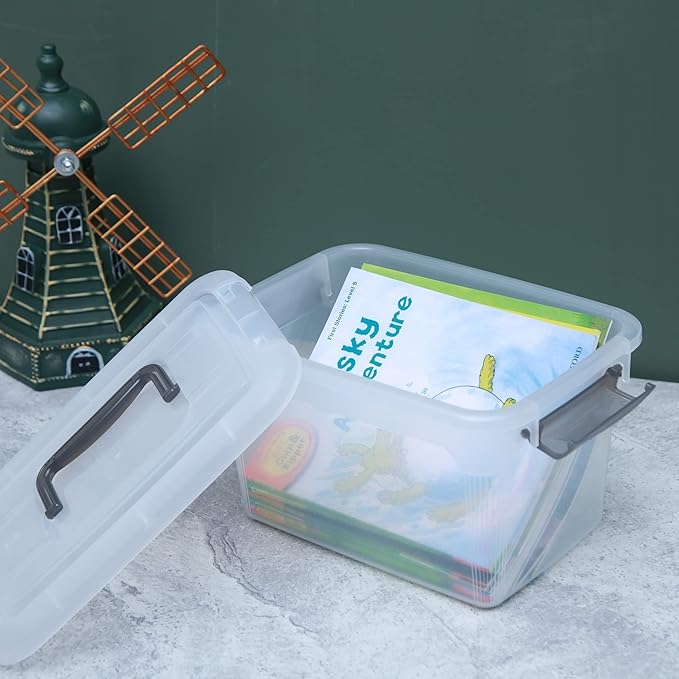 Citylife 4 Packs 6 QT Storage Bins with Lids Clear Plastic Bins with Grey Handle Stackable Storage Containers for Organizing-NeatNest