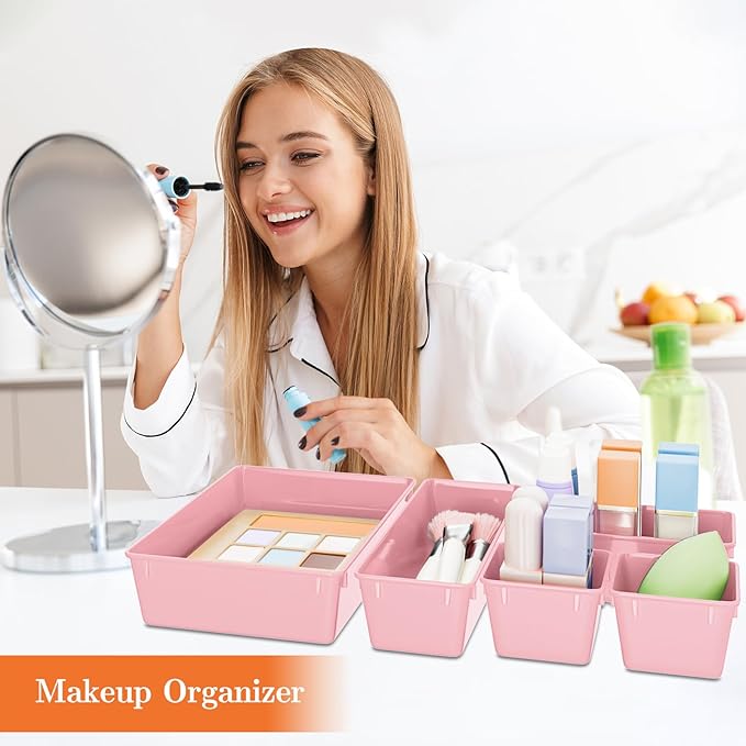 25 PCS Plastic Drawer Organizer Set, 4-Size Versatile Organizer Trays & storage Bins for Makeup, Jewelry, and Gadgets in Bathroom, Bedroom and Office, Pink-NeatNest