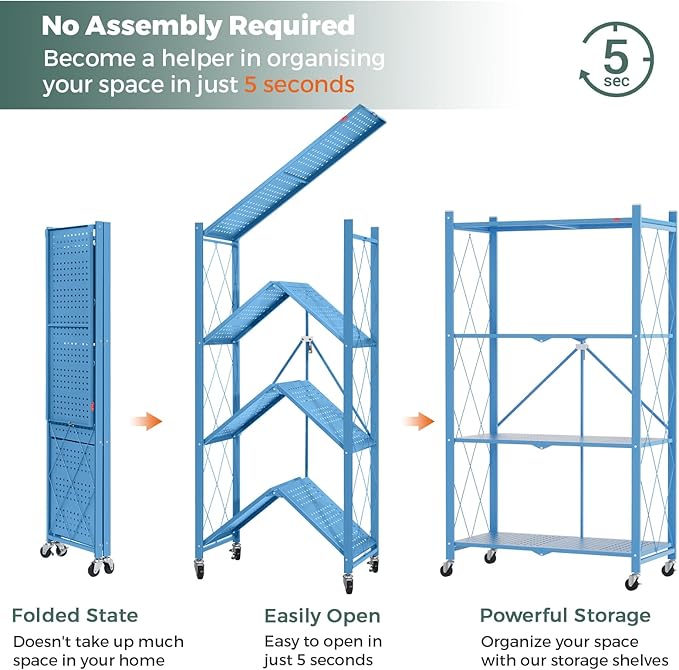 DEANIC 4 Tier Foldable Storage Shelves with Wheels, Large Capacity Shelving Unit, Freestanding Metal Wire Shelf Rack, No Assembly Organizer Rack for Garage Kitchen, Basement(Blue)-NeatNest
