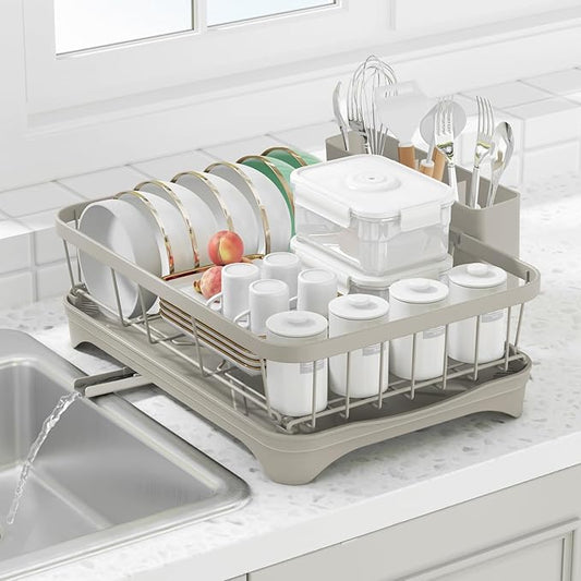 Dish Drying Rack for Kitchen Counter - Space Saving Drying Rack with Drainboard & Utensil Holders, Large Capacity Organizer for Bowls Cups, Countertop Dish Drainer Grey